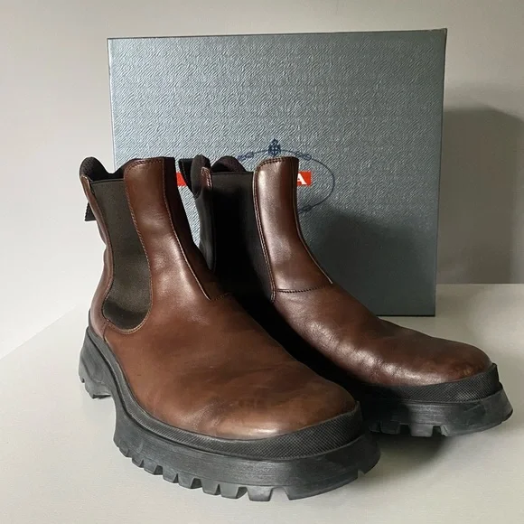 PRADA Men\'s Brown Leather Slip On Lug Sole Mid Calf Boots     Size: US 9 UK 8 Prada Men main image 4